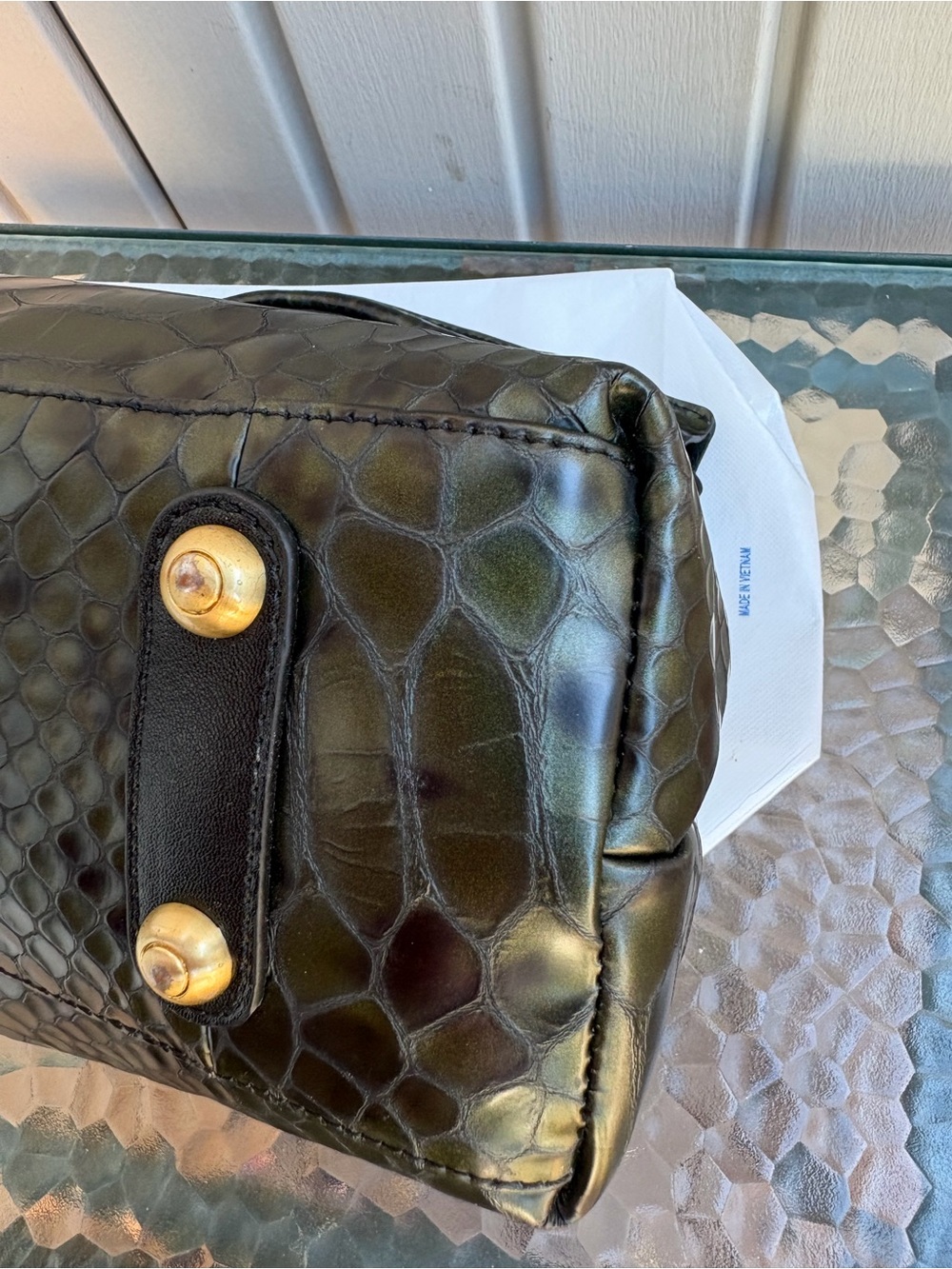 Sharif Black Embossed Snake-Texture Shoulder Bag with Gold Plaque - Picture 9 of 11